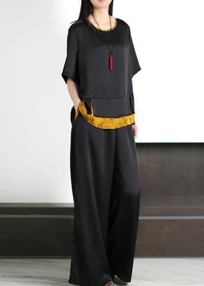 Black O-neck Patchwork Silk Top and Wide Leg Pants Two Piece Set Summer