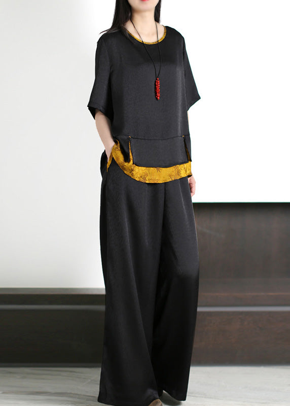Black O-neck Patchwork Silk Top and Wide Leg Pants Two Piece Set Summer