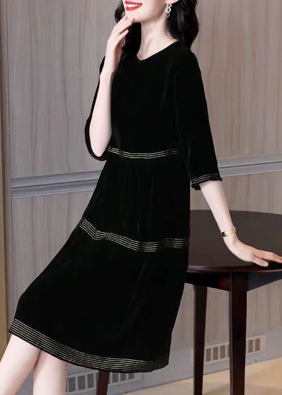 Black O-neck Patchwork Silk Velour Dresses Half Sleeve