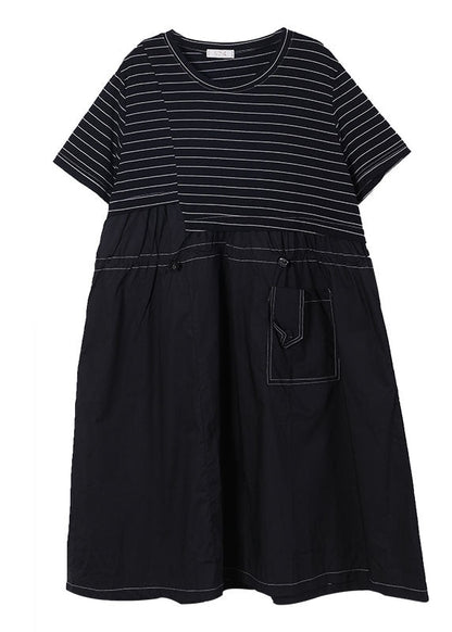Black O-neck Patchwork Striped Cotton Long Dress Short Sleeve