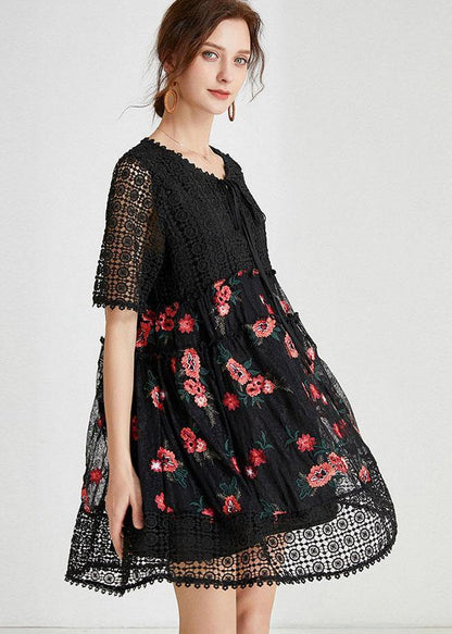 Black O-neck Patchwork Summer Lace Holiday Dress