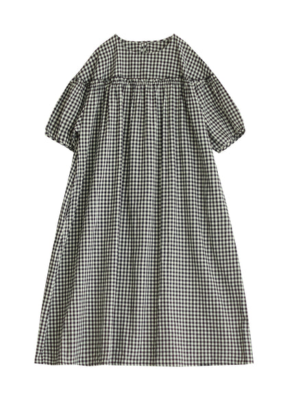 Black O Neck Plaid Ruffled Patchwork Cotton Dress Summer