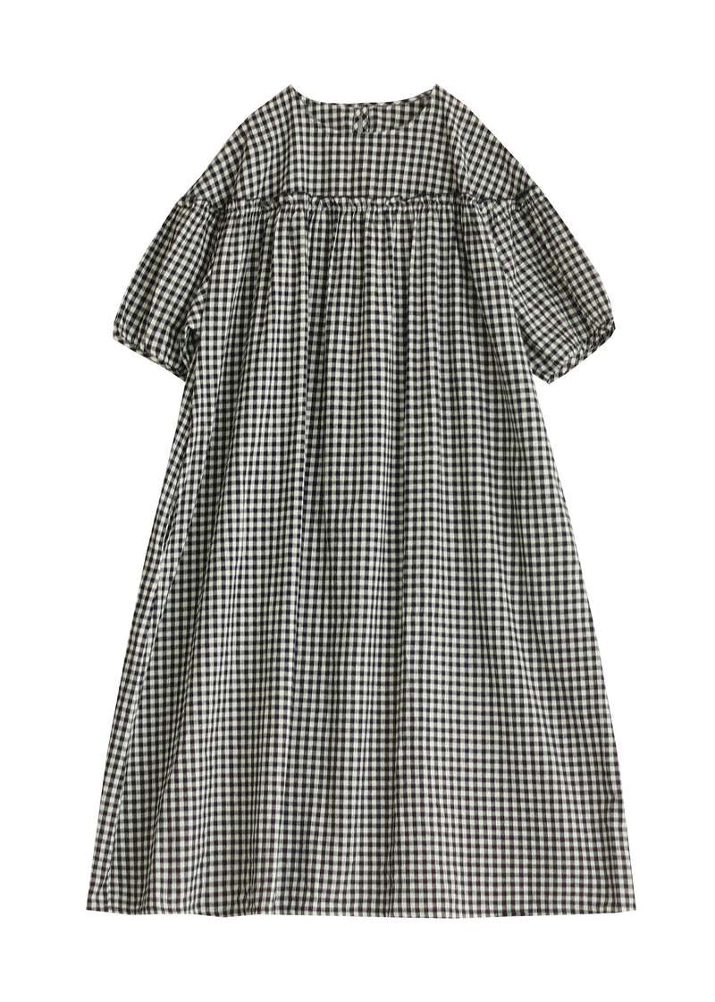 Black O Neck Plaid Ruffled Patchwork Cotton Dress Summer