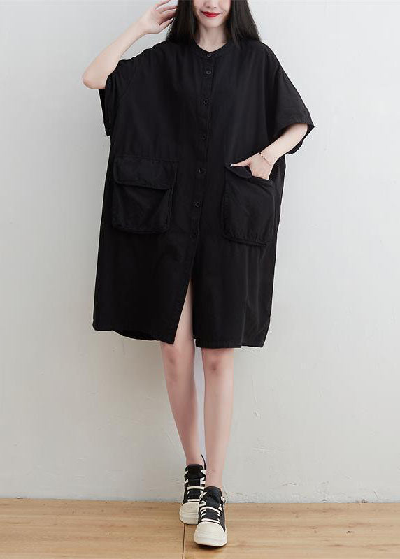Black O-neck Pockets Button Linen Dresses Short Sleeve