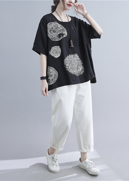 Black O-neck Print Cotton Tank Tops Summer