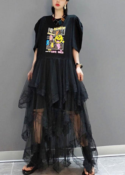Black O-neck Print Half Sleeve Fall Dresses