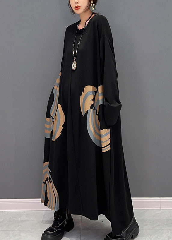 Black O-neck Print Maxi Dresses Spring