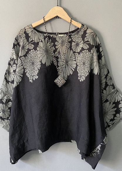 Black O Neck Print Patchwork Cotton Blouse T Shirt Summer