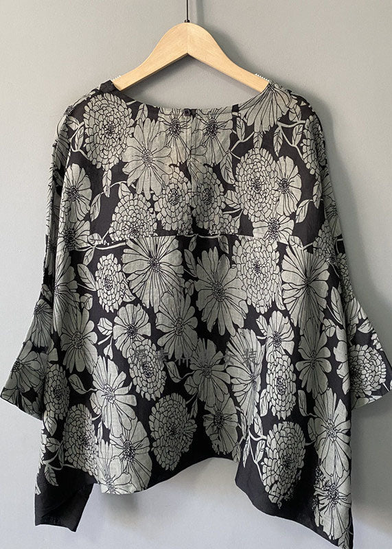 Black O Neck Print Patchwork Cotton Blouse T Shirt Summer