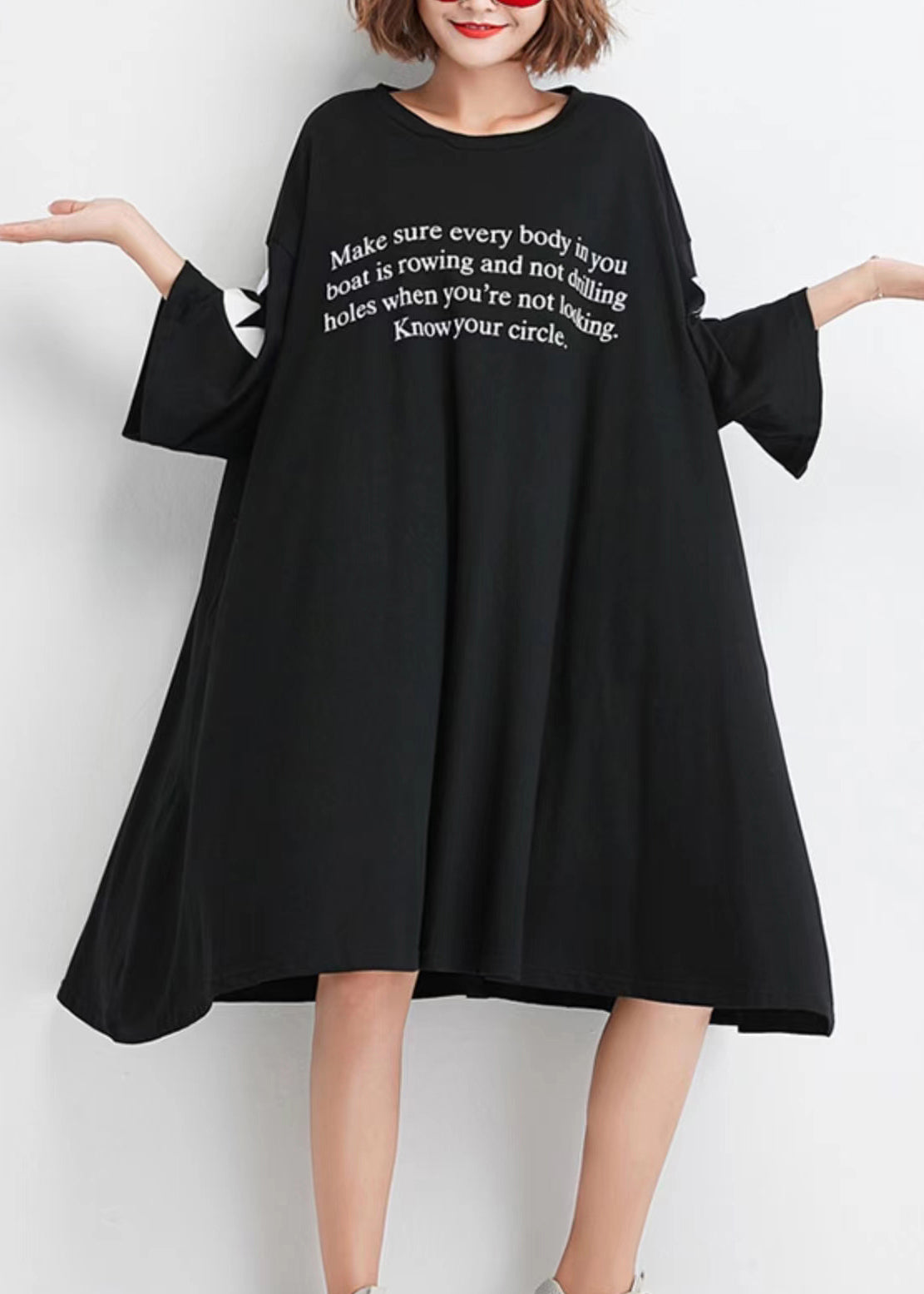 Black O Neck Print Patchwork Cotton Dresses Half Sleeve