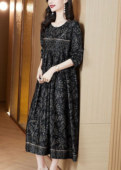 Black O-neck Print Silk Robe Dresses Spring