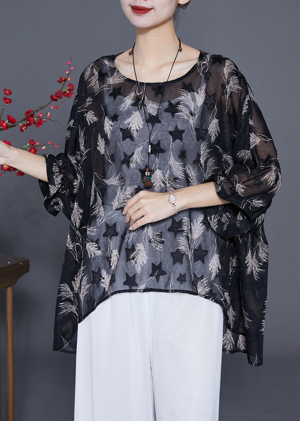 Black O-neck Print Silk Upf 50+ Top Bracelet Sleeve