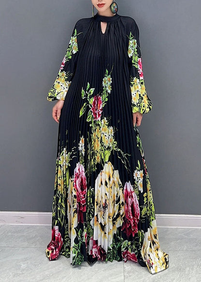 Black O-neck Print Wrinkled Long Dress Long Sleeve