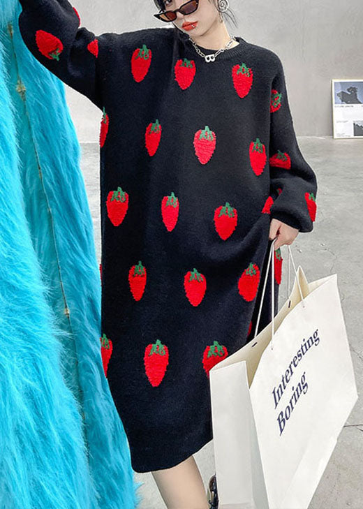 Black O-neck Print Cozy Winter Knit Dress