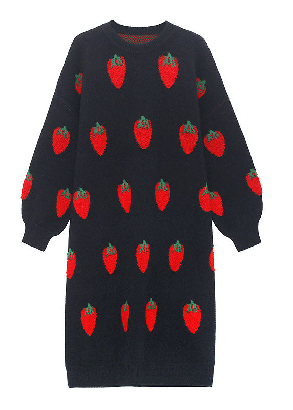 Black O-neck Print Cozy Winter Knit Dress