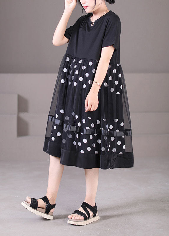 Black O-neck Tulle Patchwork Dot Print Cotton Maxi Dress Short Sleeve