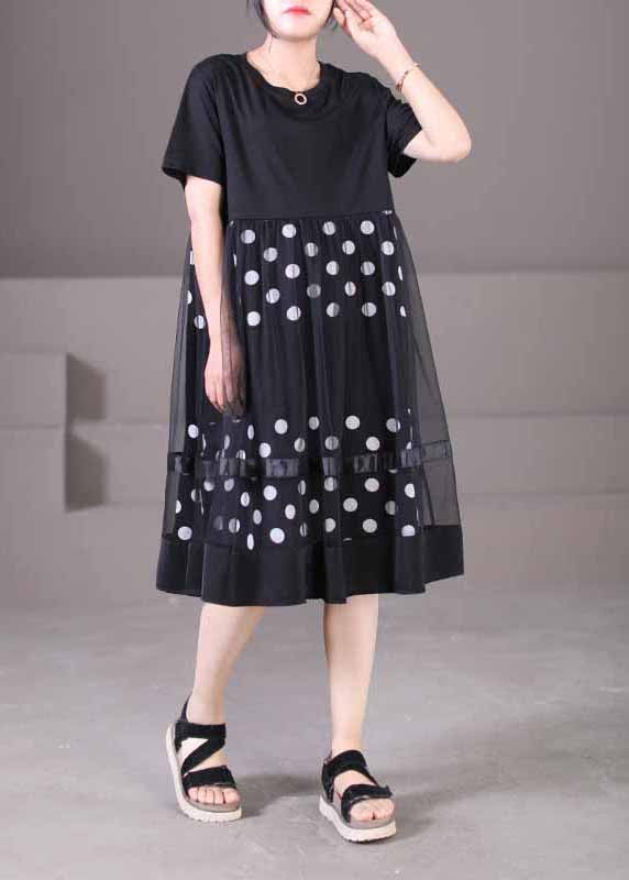 Black O-neck Tulle Patchwork Dot Print Cotton Maxi Dress Short Sleeve