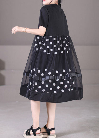 Black O-neck Tulle Patchwork Dot Print Cotton Maxi Dress Short Sleeve