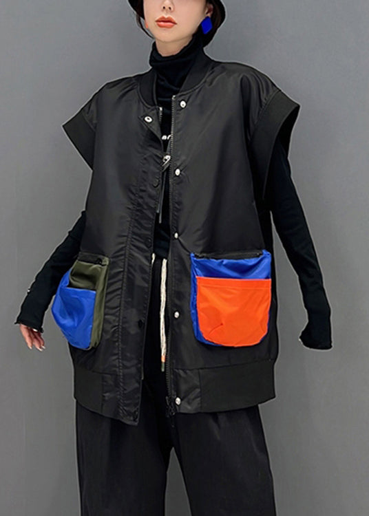 Black O-neck Zippered Patchwork Button Thick Waistcoat Sleeveless