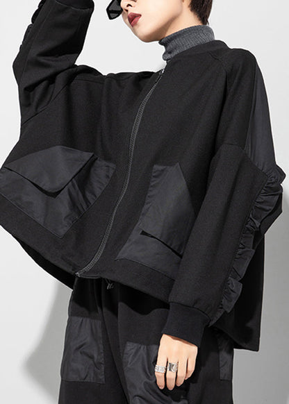 Black O-neck Zippered Pockets Patchwork Coat Long Sleeve