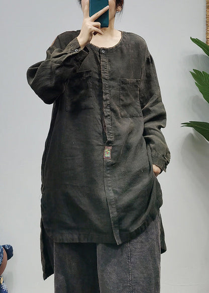 Plus Size Black O-Neck pocket Patchwork low high design Linen Shirts Long Sleeve