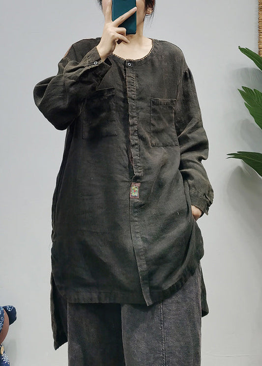 Plus Size Black O-Neck pocket Patchwork low high design Linen Shirts Long Sleeve