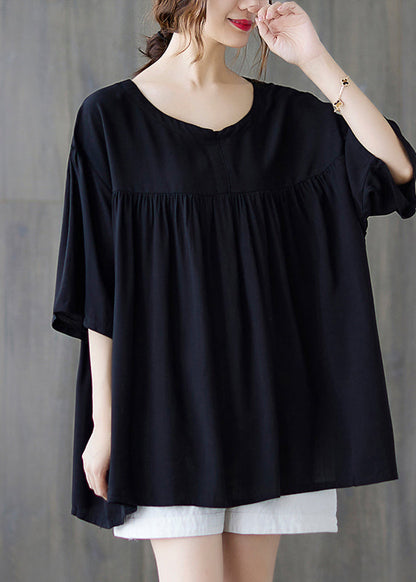 Blue Texture O-neck Wrinkled Cotton Tank Tops Half Sleeve