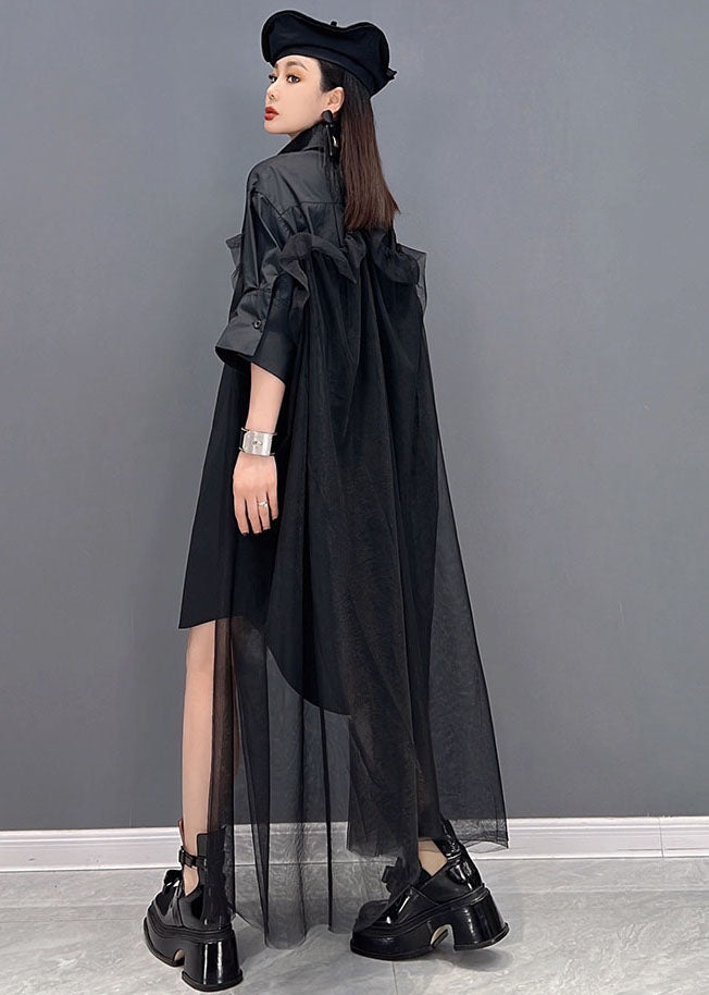 Black Original Design Peter Pan Collar Tulle Patchwork Cotton Shirt Dresses Long Sleeve