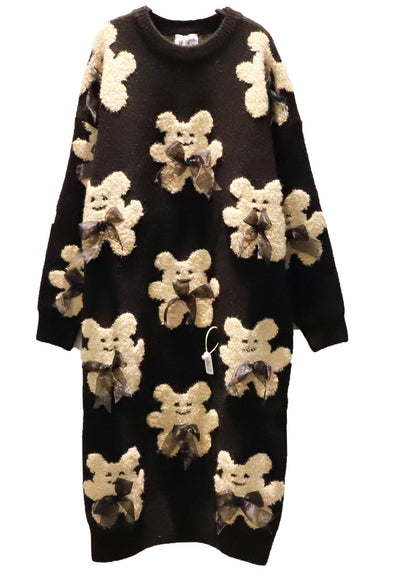 Black Oversized Bow Bear Jacquard Knit Long Sweater Winter