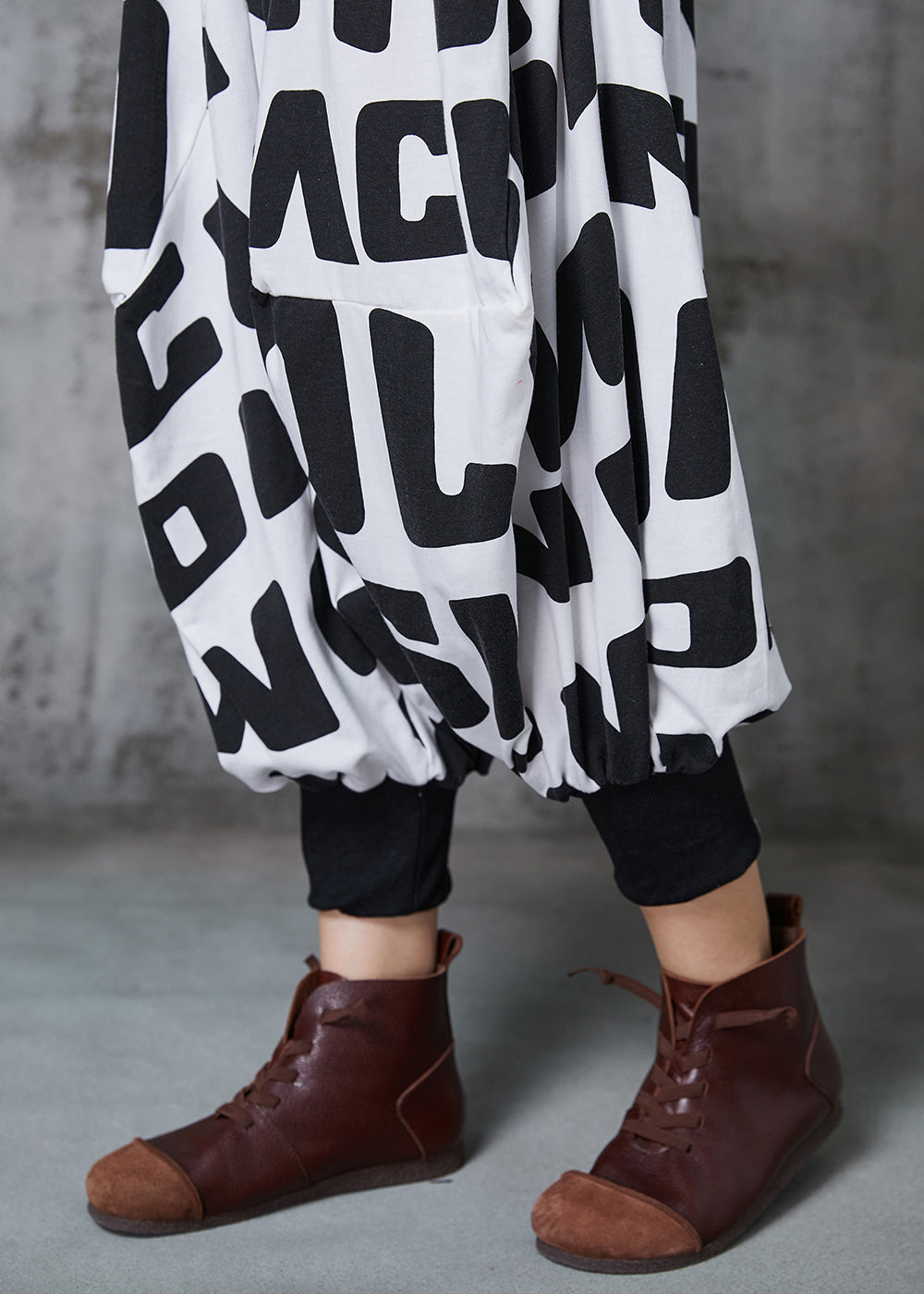 Black Oversized Letter Print Cotton Lantern Pants Spring