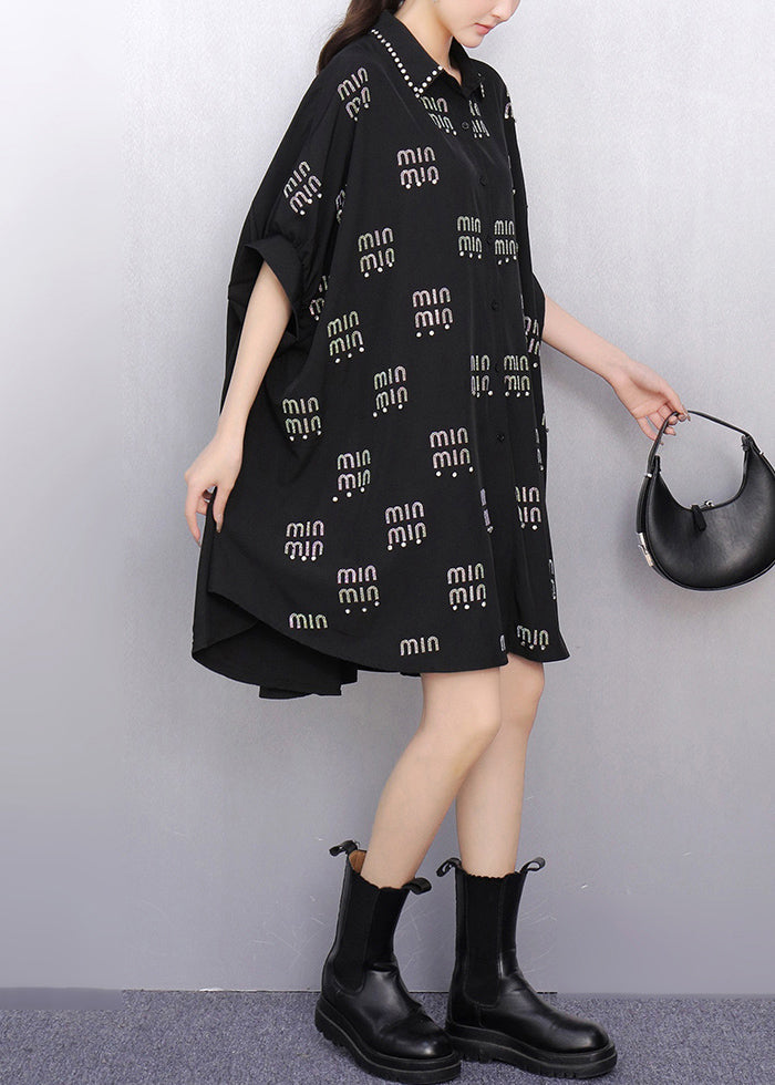 Black Oversized Letter Zircon Long Tops Summer