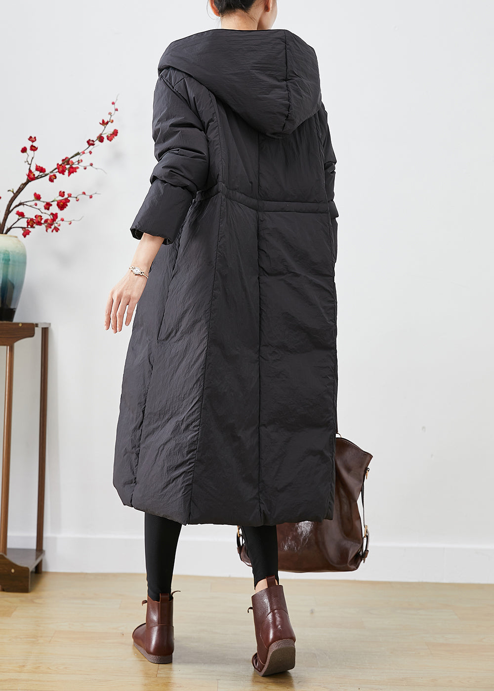 Black Oversized Patchwork Duck Down Jacket in Winter