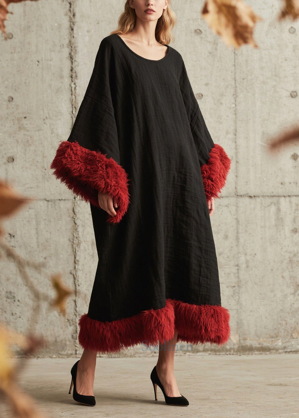 Black Oversized Patchwork Faux Fur Ankle Dress Fall