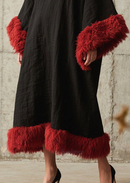 Black Oversized Patchwork Faux Fur Ankle Dress Fall