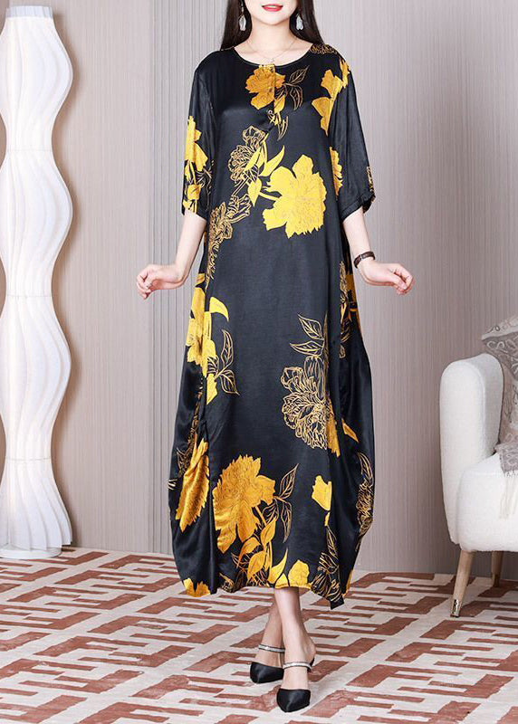 Black Oversized Patchwork Print Silk Party Dress Summer