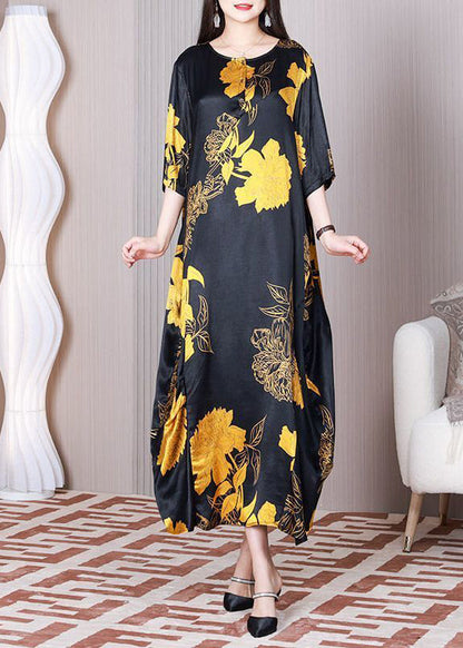 Black Oversized Patchwork Print Silk Party Dress Summer