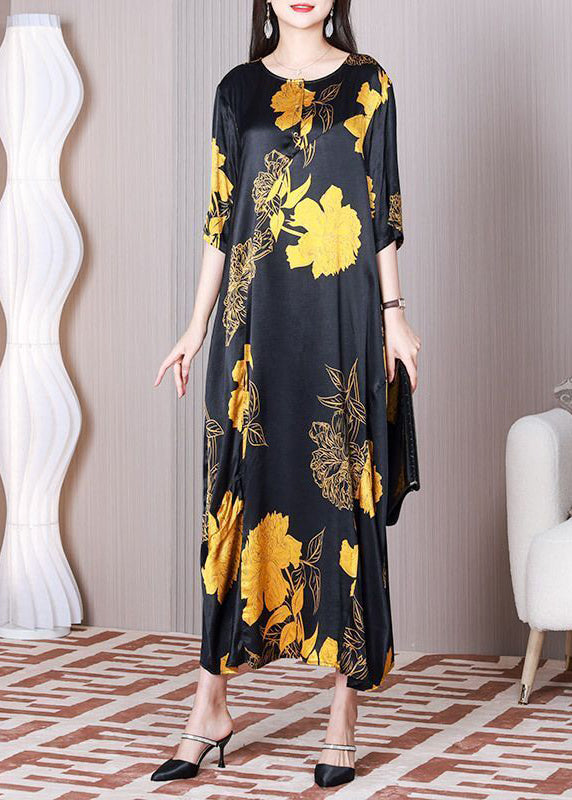 Black Oversized Patchwork Print Silk Party Dress Summer