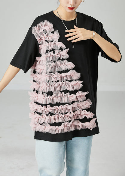 Black Oversized Patchwork Ruffled Cotton Top Summer