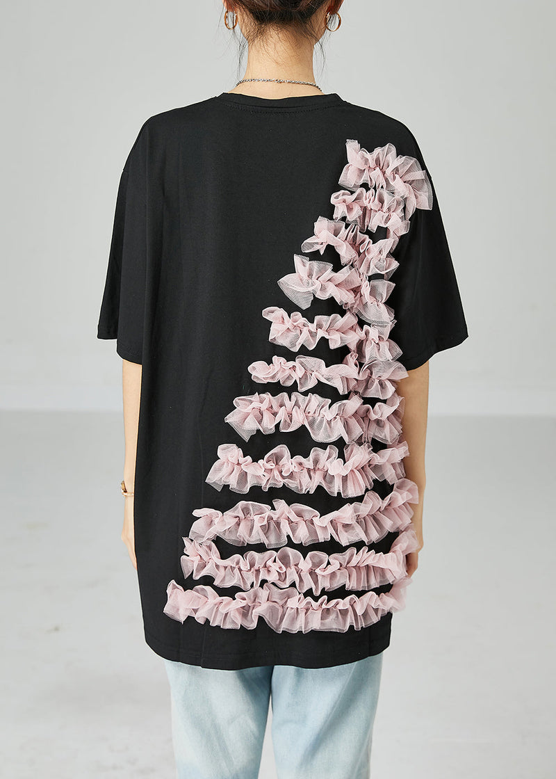Black Oversized Patchwork Ruffled Cotton Top Summer