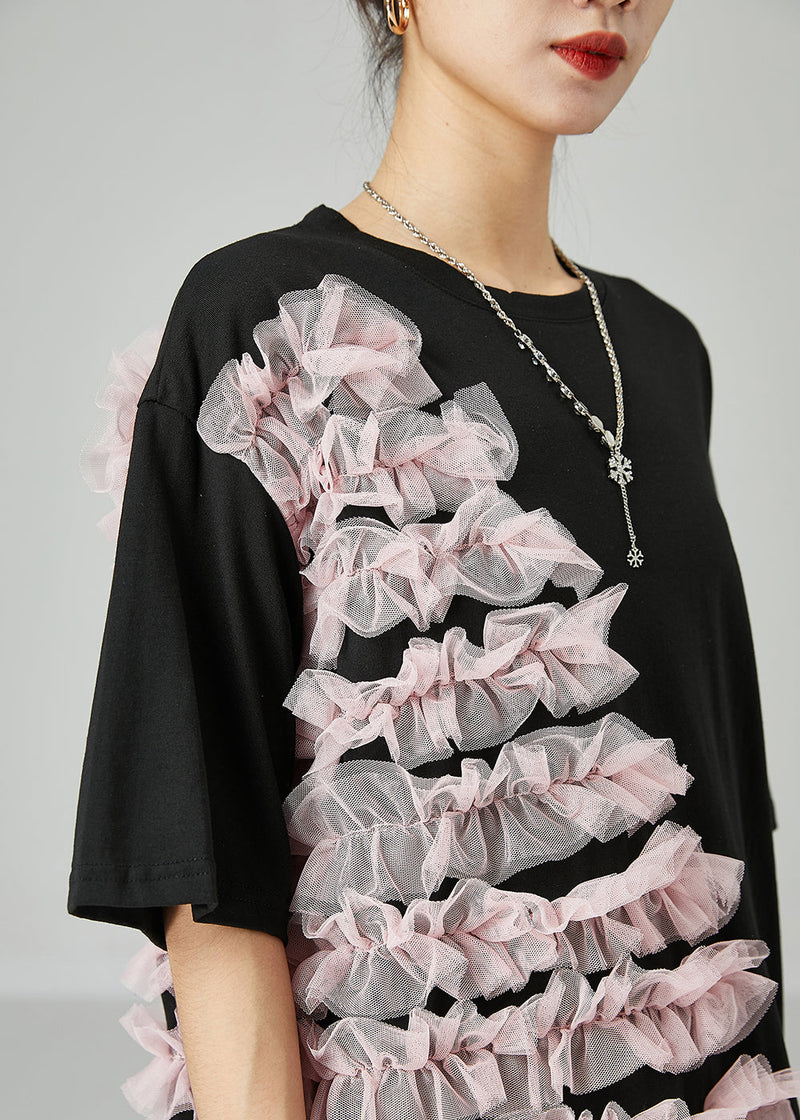 Black Oversized Patchwork Ruffled Cotton Top Summer
