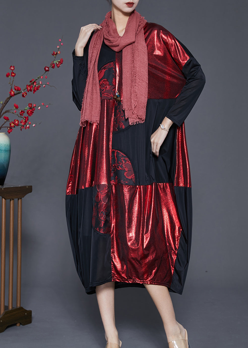 Black Oversized Patchwork Silk Holiday Dress Spring