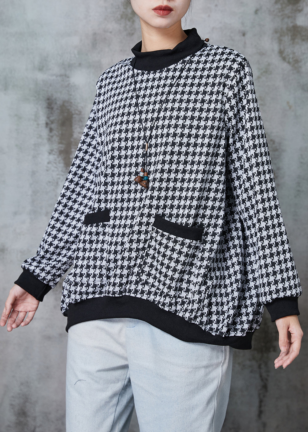 Plus Size Black Oversized Plaid Cotton Sweatshirt Spring
