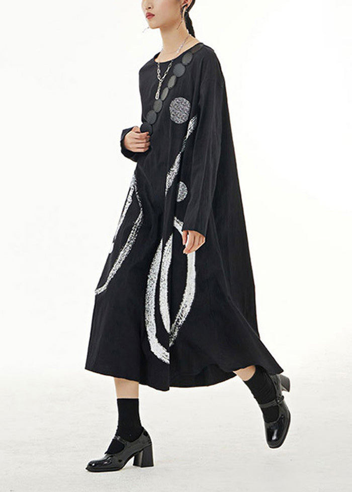 Black Oversized Print Cotton Holiday Dresses Spring