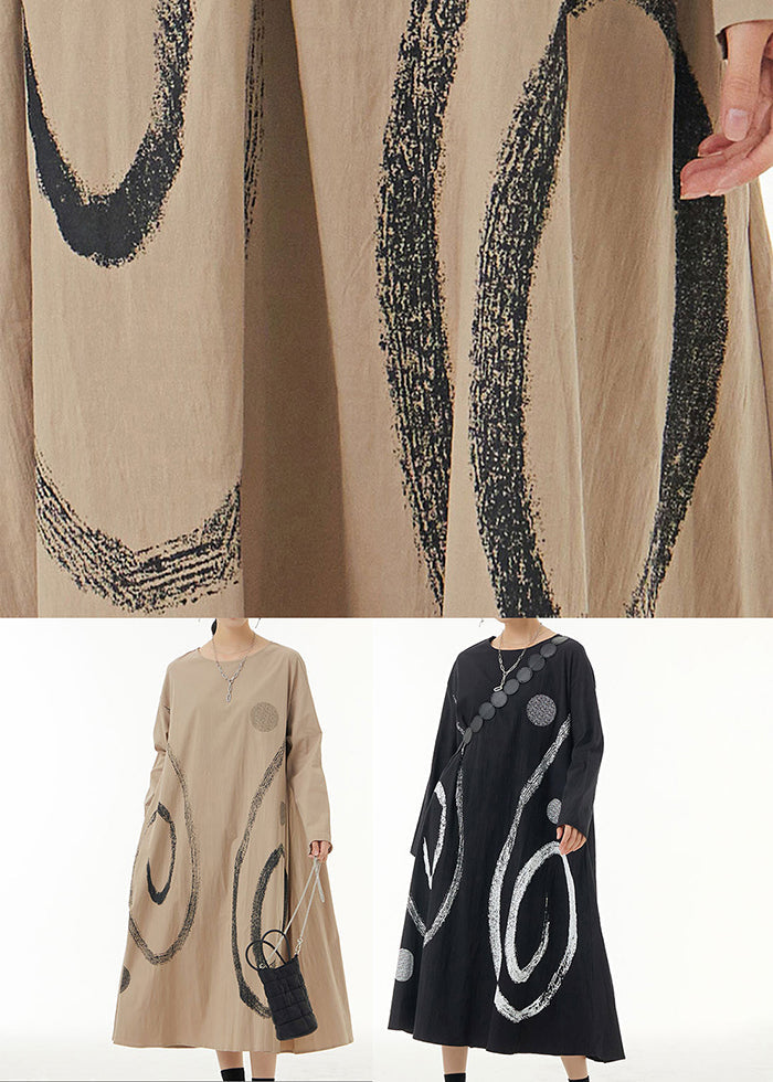 Black Oversized Print Cotton Holiday Dresses Spring