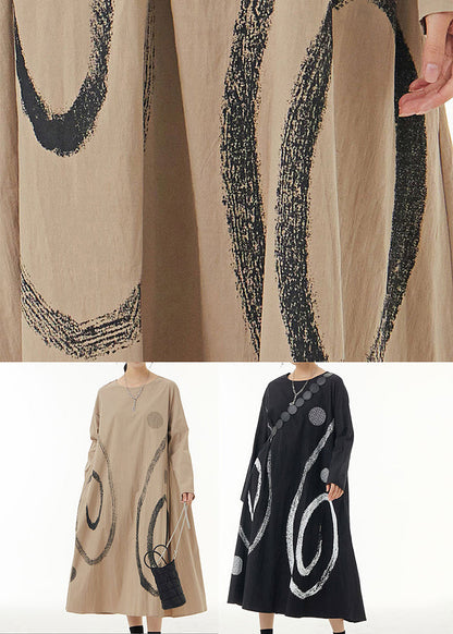 Black Oversized Print Cotton Holiday Dresses Spring