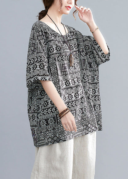 Black Oversized Print Linen Tanks Half Sleeve
