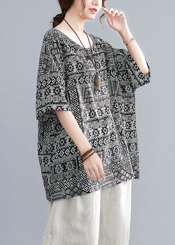 Black Oversized Print Linen Tanks Half Sleeve