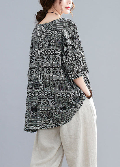 Black Oversized Print Linen Tanks Half Sleeve