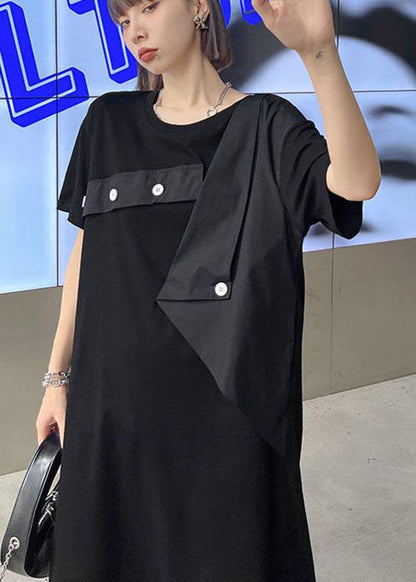 Black Patchwork Button Pockets Summer Vacation Dresses