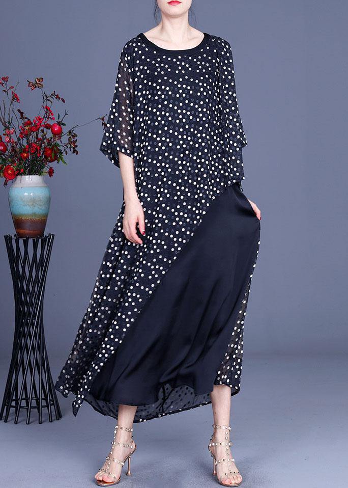Black Patchwork Dot Summer Silk Sundress Half Sleeve